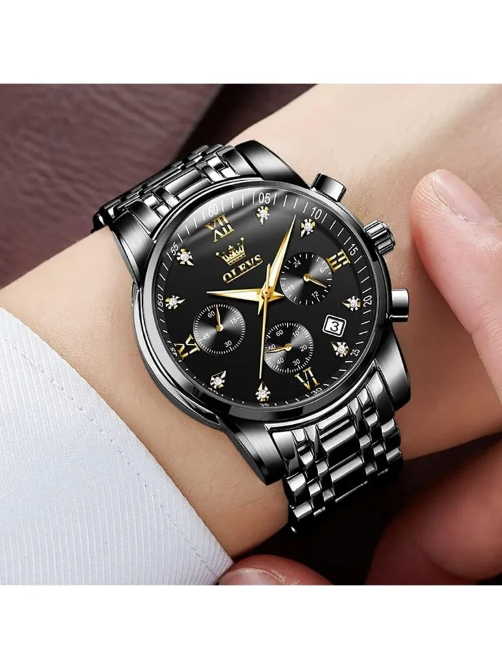 Olevs Men's All Black Multifunction Waterproof Luminous Chronograph Wrist Watch